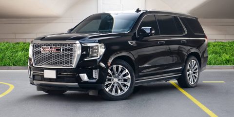 GMC Yukon Denali for rent in Dubai, bold black SUV, powerful SUV, full comprehensive insurance, no deposit