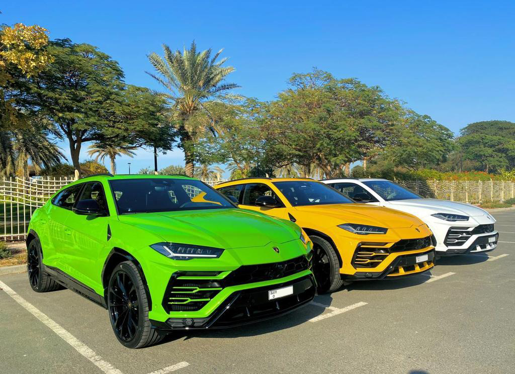 Lamborghini Huracan Evo, Evo Spyder, Urus, Urus S, Urus Mansory, Urus Performante, Aventador, Aventador SV, Aventador SVJ, Huracan STO, and Lamborghini Tecnica luxury supercars available for rent in Dubai.